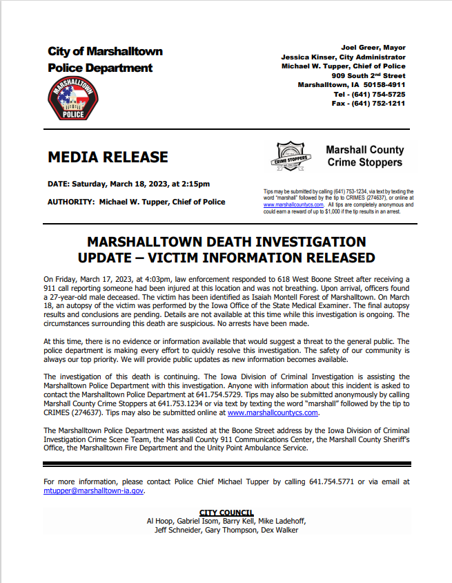 Marshalltown Death Investigation Update Iowa Department of Public Safety